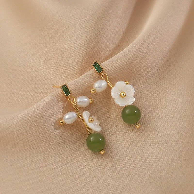 Buddha Stones Hetian Jade Pearl Bead Flower Prosperity Abundance Earrings - image 6