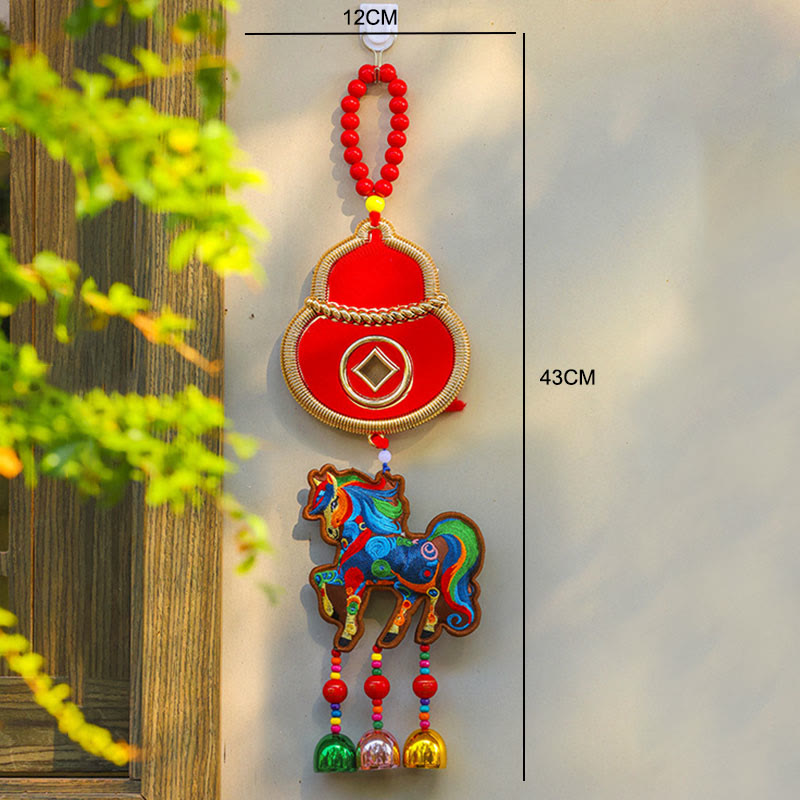 Buddha Stones Year Of The Horse Embroidery Money Bag Gourd Copper Coins Bell Charm Success Hanging Decoration - image 6