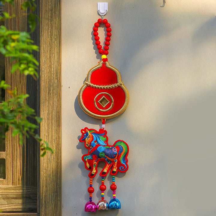 Buddha Stones Year Of The Horse Embroidery Money Bag Gourd Copper Coins Bell Charm Success Hanging Decoration - Red Horse&Gourd(12*43cm) - image 11