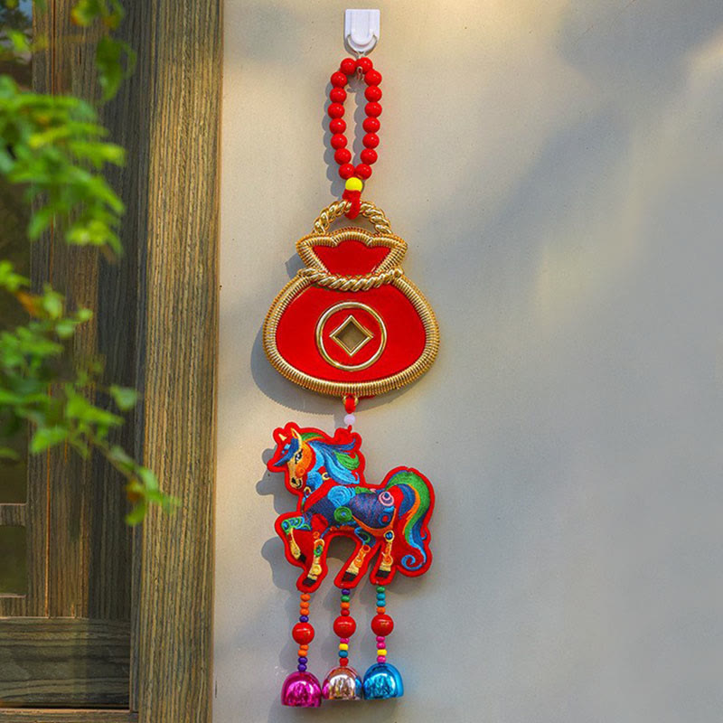 Buddha Stones Year Of The Horse Embroidery Money Bag Gourd Copper Coins Bell Charm Success Hanging Decoration - Red Horse&Money Bag(12*42cm) - image 9