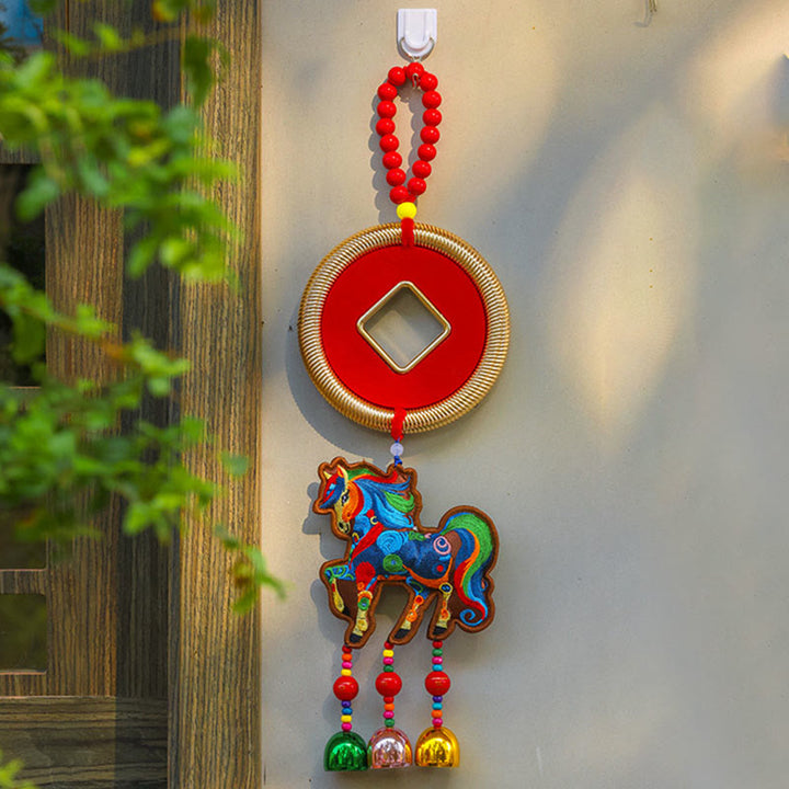 Buddha Stones Year Of The Horse Embroidery Money Bag Gourd Copper Coins Bell Charm Success Hanging Decoration - Brown Horse&Copper Coins(12*42cm) - image 7