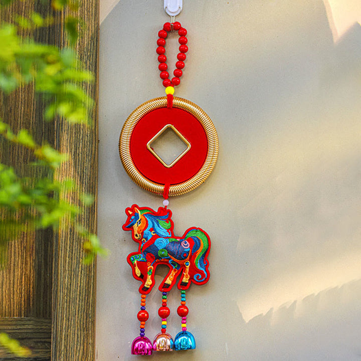 Buddha Stones Year Of The Horse Embroidery Money Bag Gourd Copper Coins Bell Charm Success Hanging Decoration - Red Horse&Copper Coins(12*42cm) - image 13