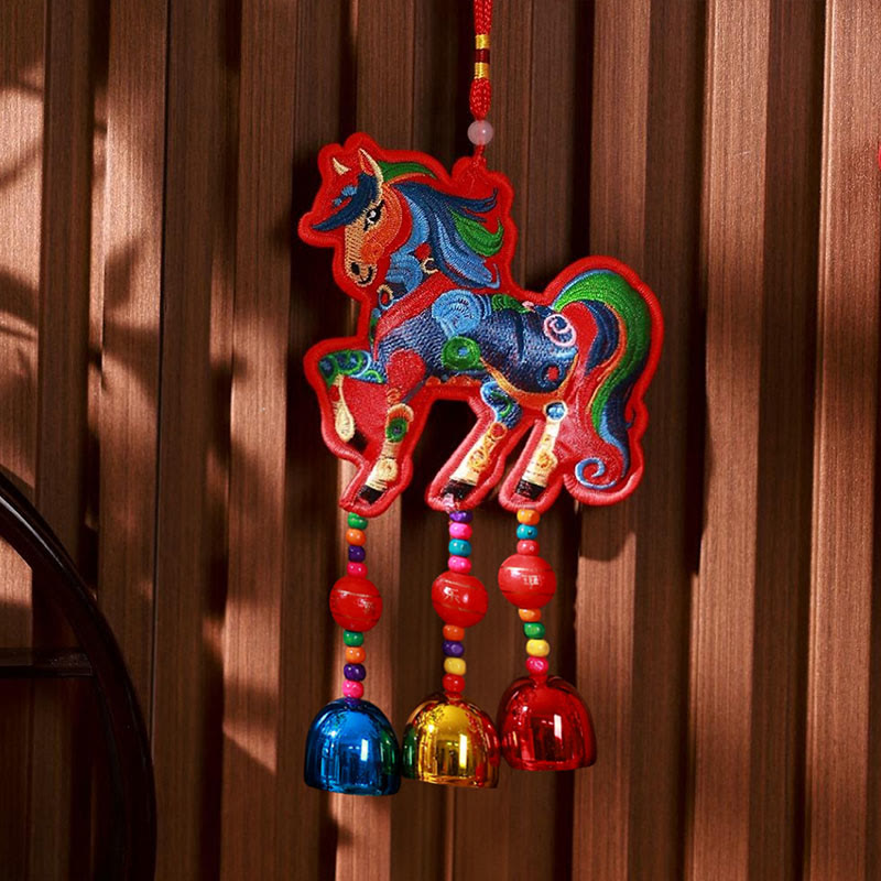 Buddha Stones Year Of The Horse Embroidery Multicolored Horse Bell Charm Tassel Success Hanging Decoration - Red Edge Multicolored Horse&Bell(Horse Size: 12*12cm) - image 1