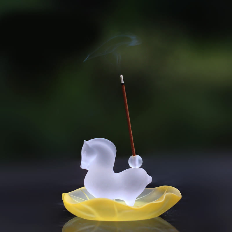 Buddha Stones Year of the Horse Lotus Pod Lotus Leaf Liuli Crystal Art Piece Home Office Energy Decoration - Horse With Incense Hole&Yellow Lotus Leaf Pad - image 3