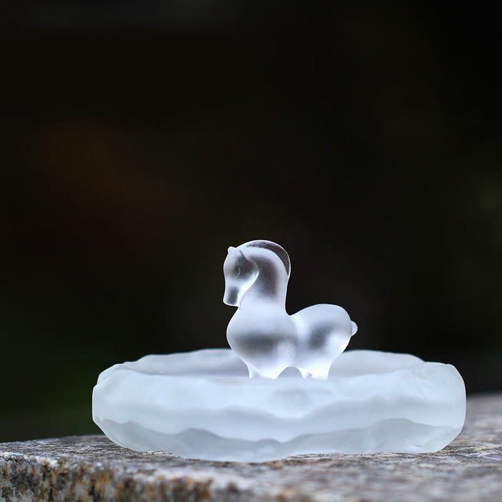 Buddha Stones Year of the Horse Lotus Pod Lotus Leaf Liuli Crystal Art Piece Home Office Energy Decoration - Horse&Wavy Edge Pad - image 0