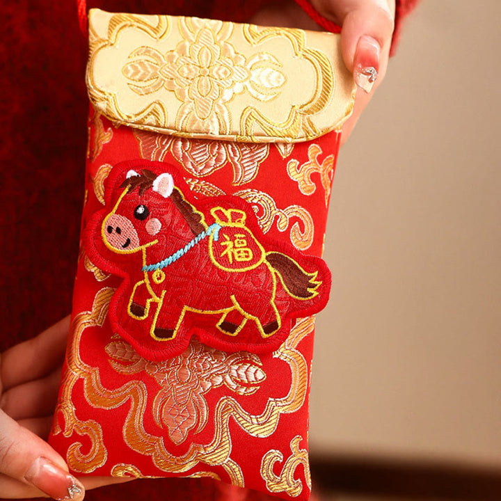 Buddha Stones Year Of The Horse 2026 New Year Fu Character Lucky Embroidery Chinese Red Envelope - Yellow Top Fu Character Bell with a Blue String Horse(10.5*18.5cm) - image 14