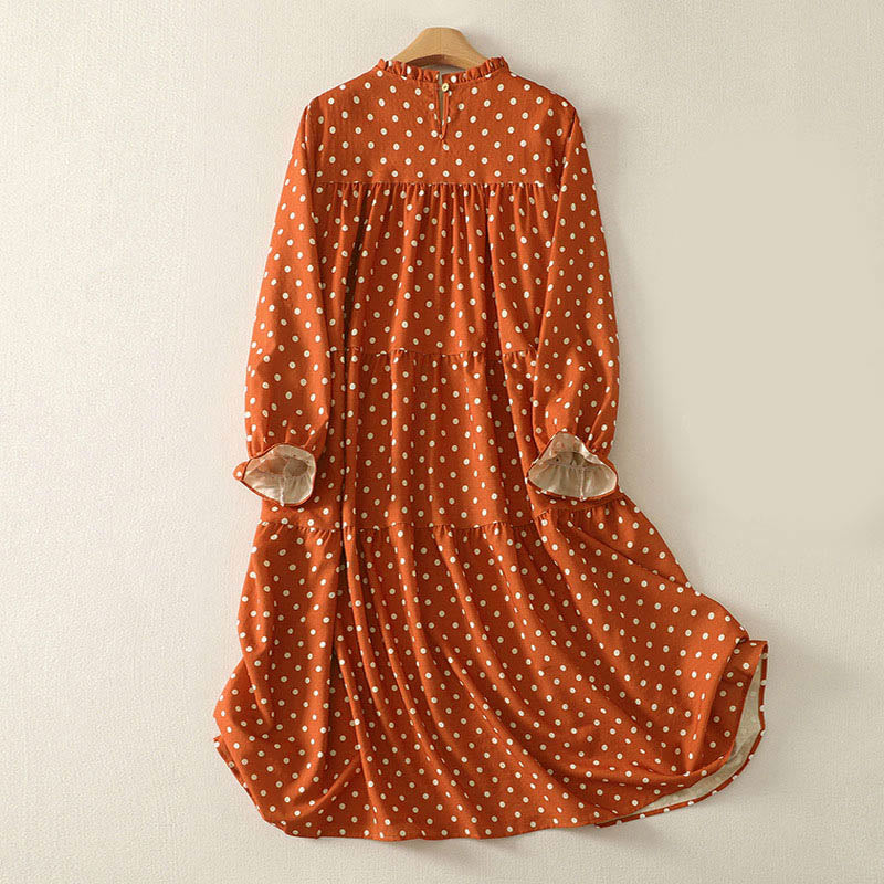 Buddha Stones Fall Polka Dot Design Crew Neck Long Sleeve Cotton Women's Midi Dress - image 1