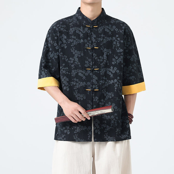 Buddha Stones Summer Peach Blossoms Pattern Chinese Frog-Button Cotton Linen Short Sleeve Men's Shirt - Black - US/UK/AU46，EU56 (5XL) - image 0