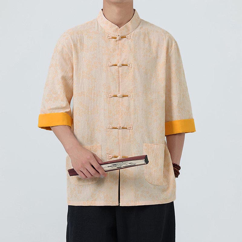 Buddha Stones Summer Peach Blossoms Pattern Chinese Frog-Button Cotton Linen Short Sleeve Men's Shirt - image 10