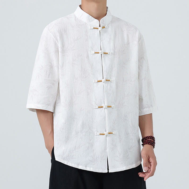 Buddha Stones Summer Bamboo Leaves Pattern Chinese Frog-Button Cotton Linen Short Sleeve Men's Shirt - image 16