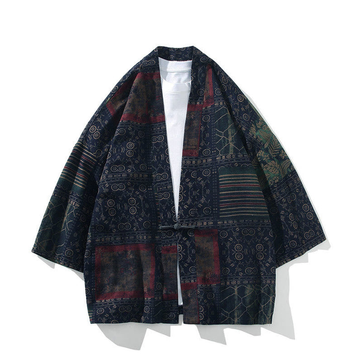 Buddha Stones Geometry Floral Stripes Butterfly Ink Open Front Half Sleeve Jacket Men's Kimono - Steel Blue Stripes - US/UK/AU46，EU56 (5XL) - image 12