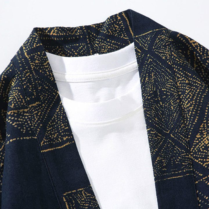 Buddha Stones Geometry Floral Stripes Butterfly Ink Open Front Half Sleeve Jacket Men's Kimono - image 3