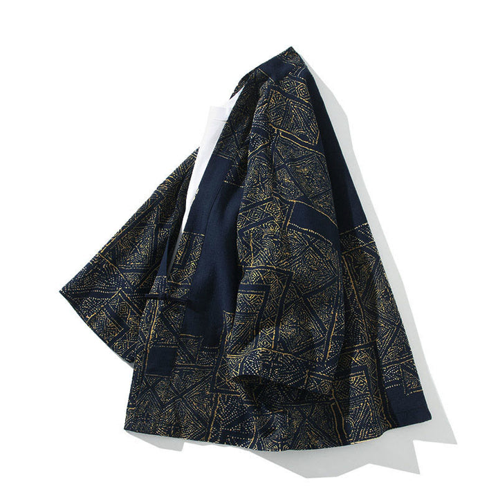 Buddha Stones Geometry Floral Stripes Butterfly Ink Open Front Half Sleeve Jacket Men's Kimono - image 2