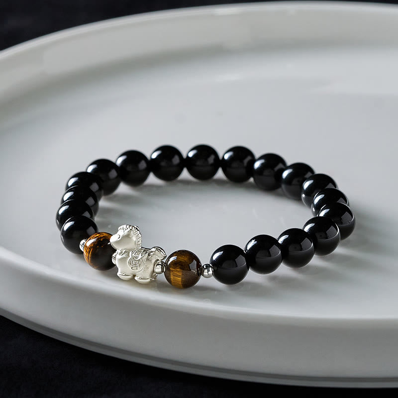 Buddha Stones Year Of The Horse 999 Sterling Silver Horse Charm Black Obsidian Tiger Eye Strength Bracelet - image 3