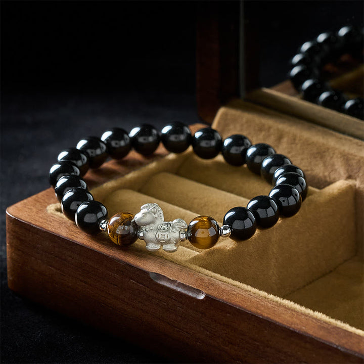 Buddha Stones Year Of The Horse 999 Sterling Silver Horse Charm Black Obsidian Tiger Eye Strength Bracelet - image 2