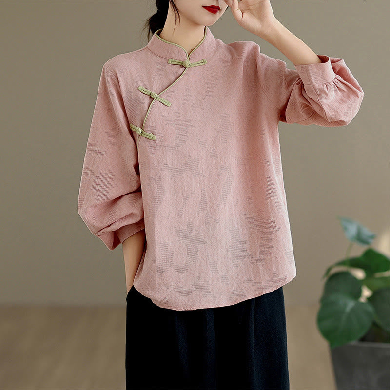 Buddha Stones Spring Traditional Floral Frog-Button Stand Collar Long Sleeve Women's Cotton Shirt - image 7