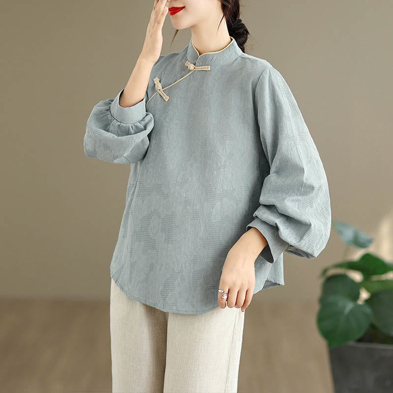 Buddha Stones Spring Traditional Floral Frog-Button Stand Collar Long Sleeve Women's Cotton Shirt - image 3