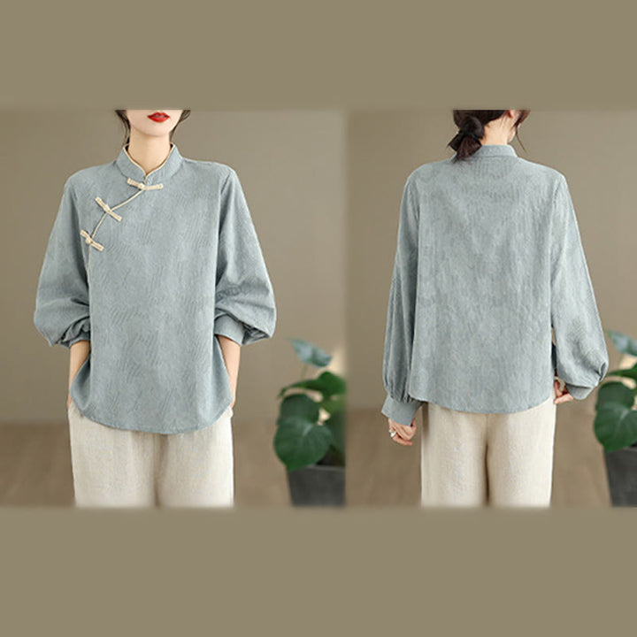 Buddha Stones Spring Traditional Floral Frog-Button Stand Collar Long Sleeve Women's Cotton Shirt - image 5