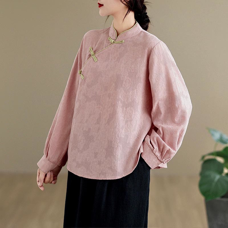 Buddha Stones Spring Traditional Floral Frog-Button Stand Collar Long Sleeve Women's Cotton Shirt - image 8