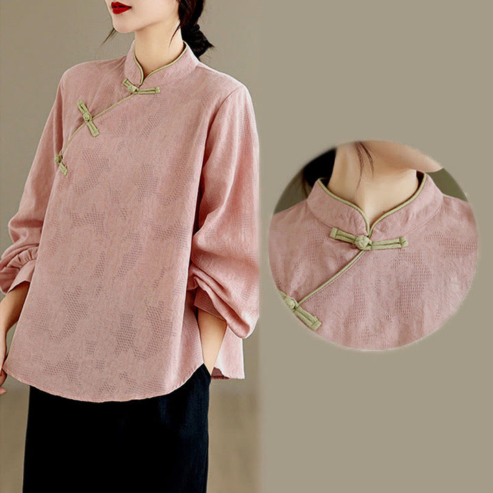 Buddha Stones Spring Traditional Floral Frog-Button Stand Collar Long Sleeve Women's Cotton Shirt - image 16