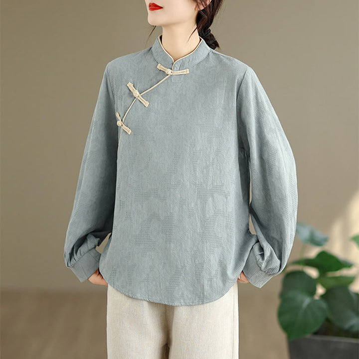 Buddha Stones Spring Traditional Floral Frog-Button Stand Collar Long Sleeve Women's Cotton Shirt - image 2