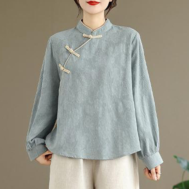 Buddha Stones Spring Traditional Floral Frog-Button Stand Collar Long Sleeve Women's Cotton Shirt - LightBlue - US8-10，UK/AU12-14，EU40-42 (2XL) - image 0