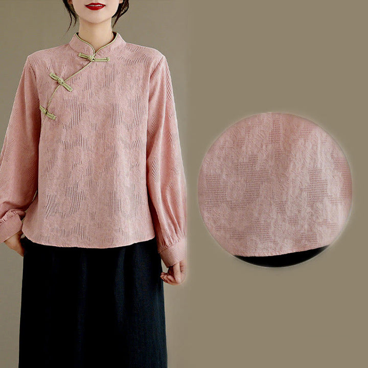 Buddha Stones Spring Traditional Floral Frog-Button Stand Collar Long Sleeve Women's Cotton Shirt - image 17