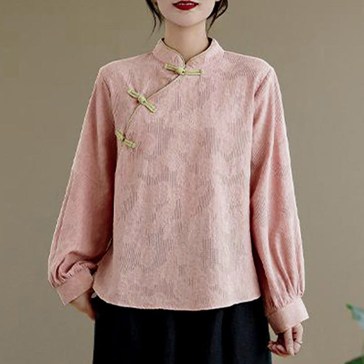 Buddha Stones Spring Traditional Floral Frog-Button Stand Collar Long Sleeve Women's Cotton Shirt - image 10