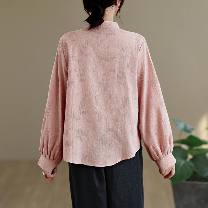 Buddha Stones Spring Traditional Floral Frog-Button Stand Collar Long Sleeve Women's Cotton Shirt - image 9