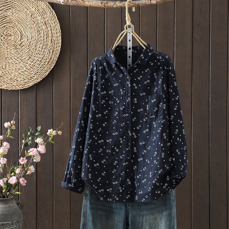 Buddha Stones Fall Small Floral Pattern Buttons Down Design Long Sleeve Women's Cotton Shirt - SteelBlue - US8-10，UK/AU12-14，EU40-42 (2XL) - image 0