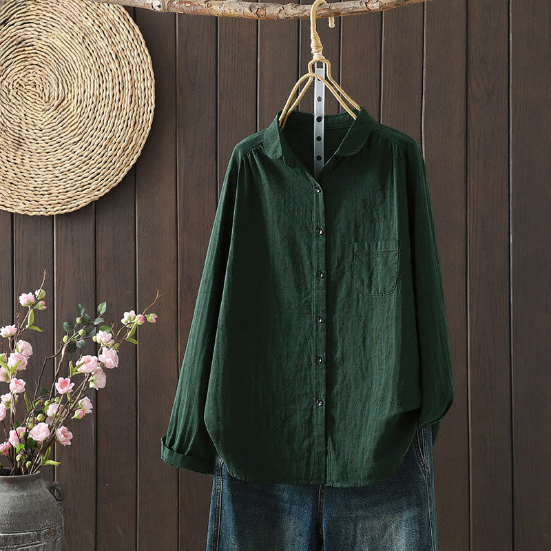 Buddha Stones Fall Small Floral Pattern Buttons Down Design Long Sleeve Women's Cotton Shirt - DarkGreen - US8-10，UK/AU12-14，EU40-42 (2XL) - image 17