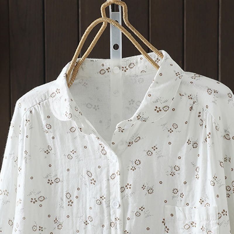 Buddha Stones Fall Small Floral Pattern Buttons Down Design Long Sleeve Women's Cotton Shirt - image 12