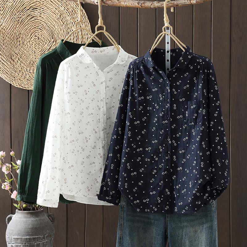Buddha Stones Fall Small Floral Pattern Buttons Down Design Long Sleeve Women's Cotton Shirt - image 1