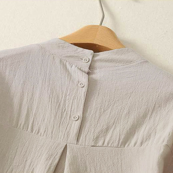 Buddha Stones Fall Plain Crew Neck Back Three Buttons Design Women's Cotton Long Sleeve Shirt - image 3