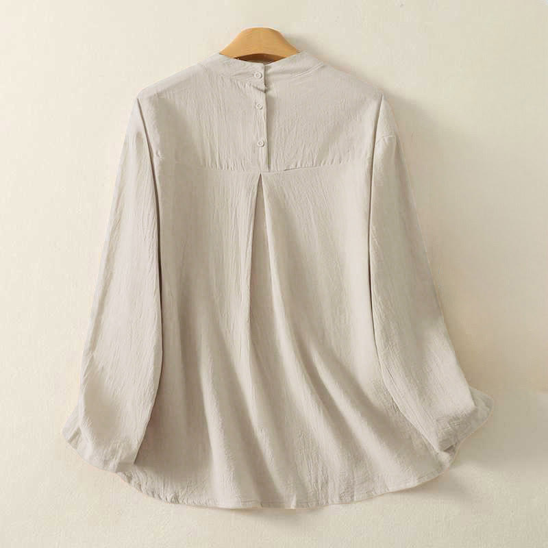 Buddha Stones Fall Plain Crew Neck Back Three Buttons Design Women's Cotton Long Sleeve Shirt - image 1