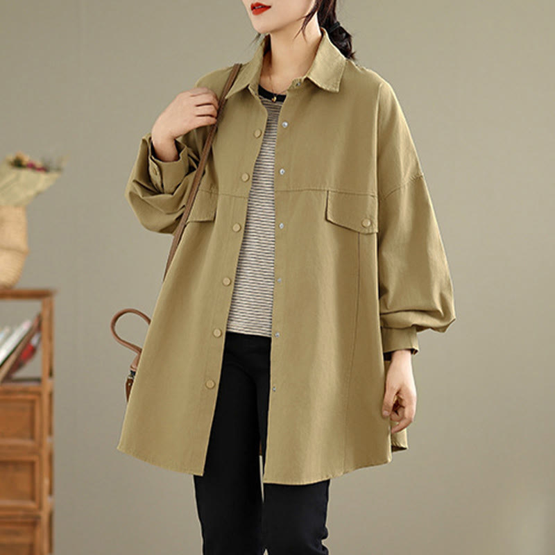 Buddha Stones Fall Pure Color Lapel Button Simple Design Women's Cotton Long Sleeve Jacket - image 12