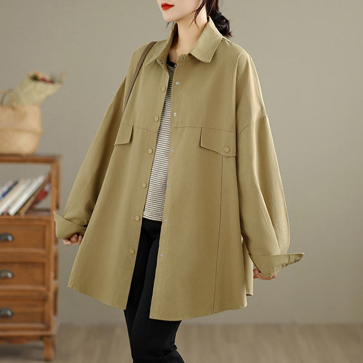 Buddha Stones Fall Pure Color Lapel Button Simple Design Women's Cotton Long Sleeve Jacket - image 14