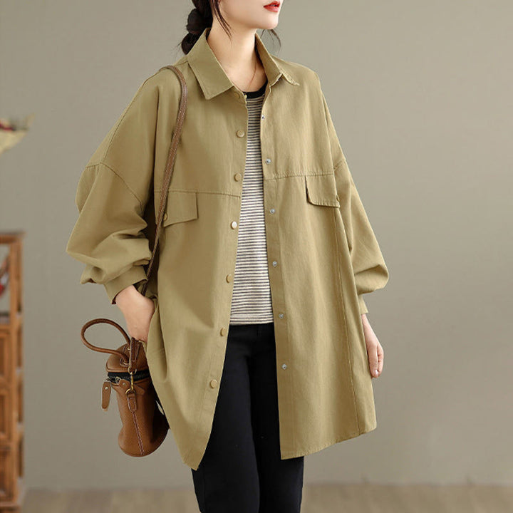 Buddha Stones Fall Pure Color Lapel Button Simple Design Women's Cotton Long Sleeve Jacket - image 13