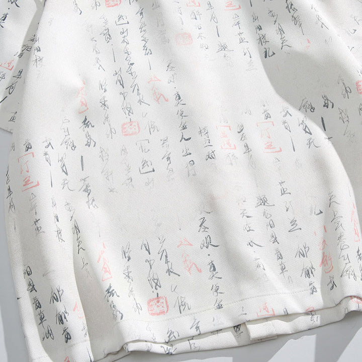 Buddha Stones Calligraphy Print Pattern Metal Bar Frog Closure Design Short Sleeve Men's Shirt With Pocket - image 9