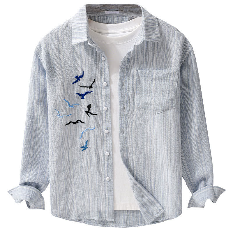 Buddha Stones Embroidery Bird Striped Pattern Long Sleeve Men's Cotton Shirt With Pocket - image 13