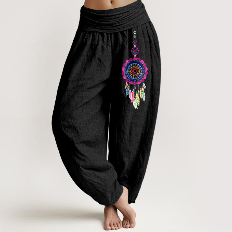 Buddha Stones Colorful Dreamcatchers Pattern Pure Cotton Women's Elastic Waist Harem Pants - Black - US16，UK/AU20，EU48 (3XL) - image 0