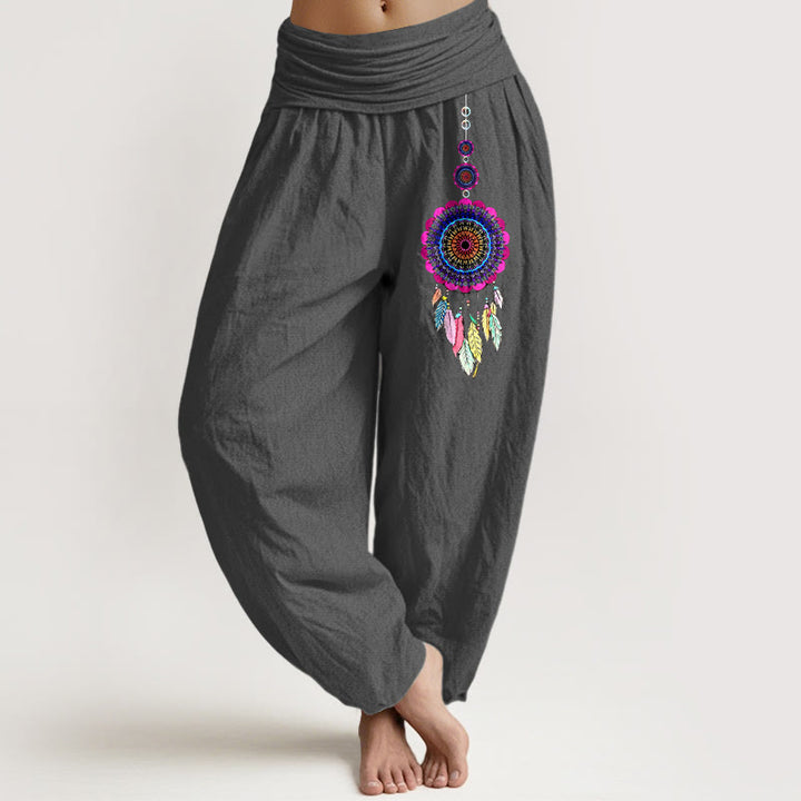 Buddha Stones Colorful Dreamcatchers Pattern Pure Cotton Women's Elastic Waist Harem Pants - DimGray - US16，UK/AU20，EU48 (3XL) - image 8