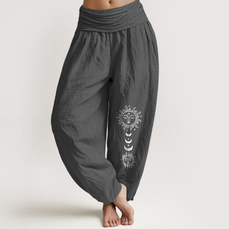 Buddha Stones Bohemian Sun Moon Pattern Women's Elastic Waist Harem Pure Cotton Pants - DimGray - US16，UK/AU20，EU48 (3XL) - image 0