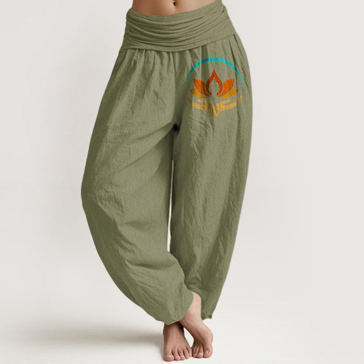 Buddha Stones Lotus Buddha Symbol Pattern Elastic Waist Women's Harem Pure Cotton Pants - OliveDrab - US16，UK/AU20，EU48 (3XL) - image 14