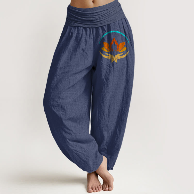 Buddha Stones Lotus Buddha Symbol Pattern Elastic Waist Women's Harem Pure Cotton Pants - DarkSlateBlue - US16，UK/AU20，EU48 (3XL) - image 5