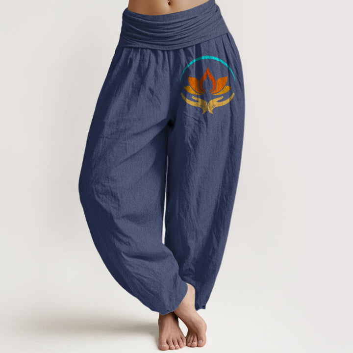 Buddha Stones Lotus Buddha Symbol Pattern Elastic Waist Women's Harem Pure Cotton Pants - DarkSlateBlue - US16，UK/AU20，EU48 (3XL) - image 5