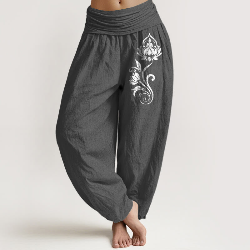 Buddha Stones Sitting Buddha Lotus Floral Pattern Elastic Waist Women's Harem Pure Cotton Pants - DimGray - US16，UK/AU20，EU48 (3XL) - image 8