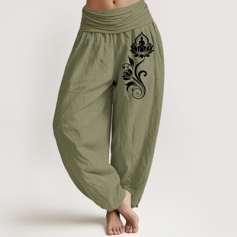 Buddha Stones Sitting Buddha Lotus Floral Pattern Elastic Waist Women's Harem Pure Cotton Pants - OliveDrab - US16，UK/AU20，EU48 (3XL) - image 14