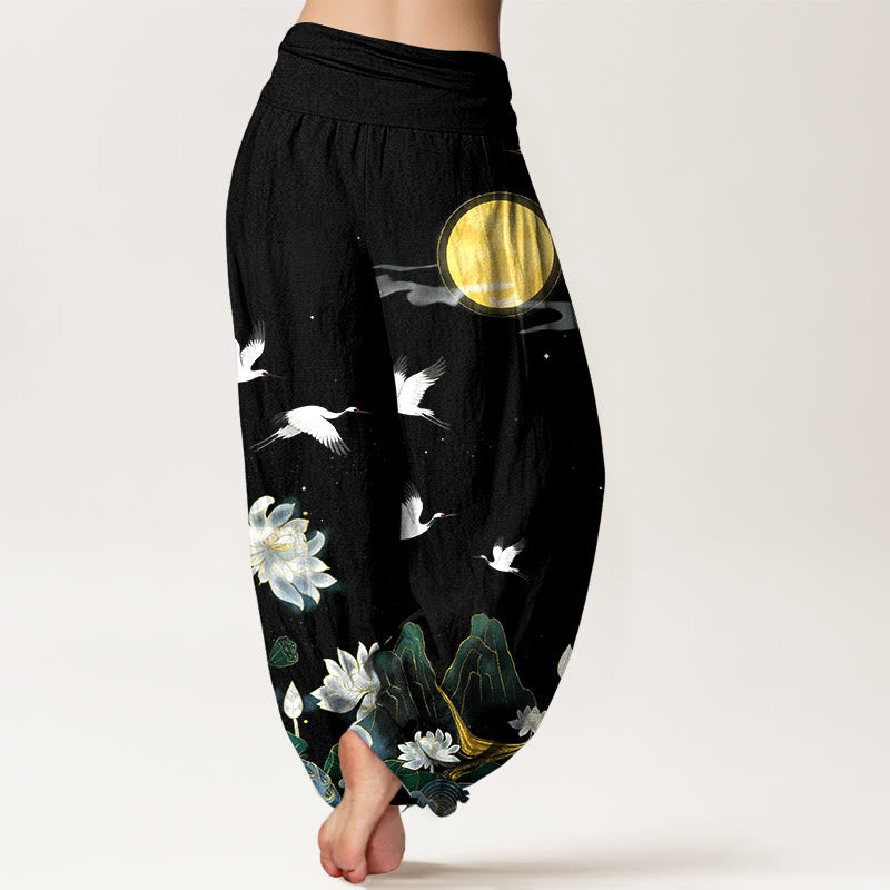 Buddha Stones Pure Cotton Crane Blooming Lotus Moon Mountain Women's Elastic Waist Harem Pants - image 1