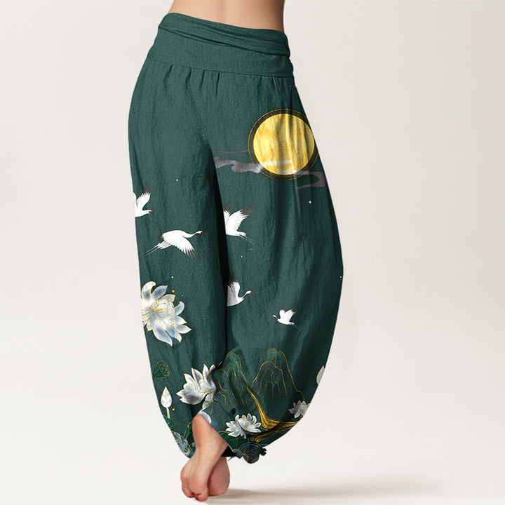 Buddha Stones Pure Cotton Crane Blooming Lotus Moon Mountain Women's Elastic Waist Harem Pants - image 6